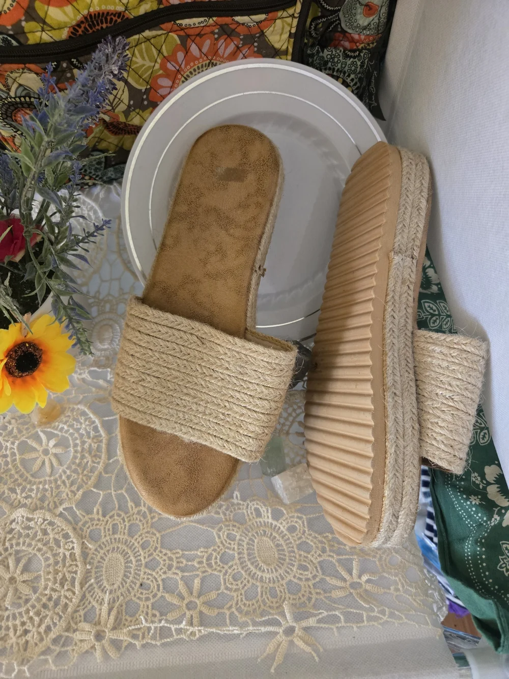 4/$15 Beach Cottage Neutral Rope Platform Slide Sandals Women Shoes Sz 10